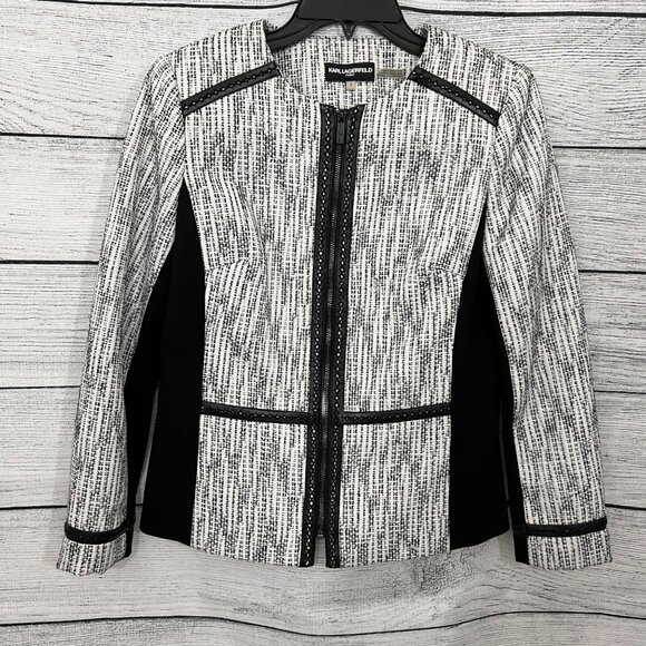 Karl Lagerfeld Tweed Zip Front Jacket, Size Small - Picture 1 of 4